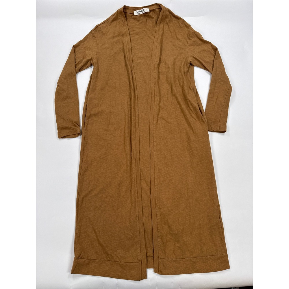 Three Bird Nest Womens Cardigan XL Brown Slub Cotton Longline Open Front Boho